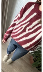 Zebra Desen Kalın Triko Kazak Bordo