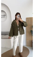 Zikzak Püsküllü Kimono - Haki - Kod: 7030