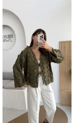 Zikzak Püsküllü Kimono - Haki - Kod: 7030