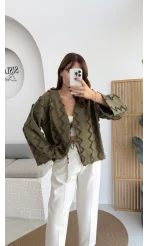 Zikzak Püsküllü Kimono - Haki - Kod: 7030