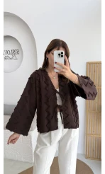 Zikzak Püsküllü Kimono - Kahverengi - Kod: 7030