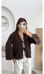Zikzak Püsküllü Kimono - Kahverengi - Kod: 7030