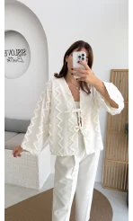 Zikzak Püsküllü Kimono - Kırık Beyaz - Kod: 7030