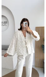 Zikzak Püsküllü Kimono - Kırık Beyaz - Kod: 7030