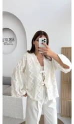 Zikzak Püsküllü Kimono - Kırık Beyaz - Kod: 7030