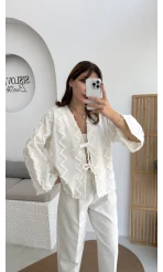 Zikzak Püsküllü Kimono - Kırık Beyaz - Kod: 7030