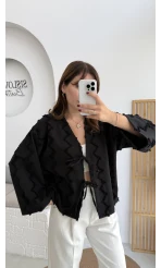 Zikzak Püsküllü Kimono - Siyah - Kod: 7030