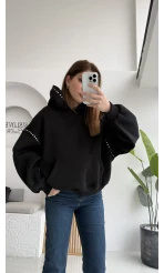 Zımba Detaylı Kapüşonlu Sweatshirt - Siyah