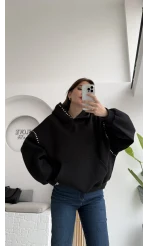 Zımba Detaylı Kapüşonlu Sweatshirt - Siyah