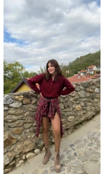 Zoey Polo Yaka Düğmeli Kazak - Bordo - Kod: 34100