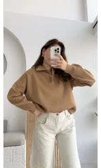 Zoey Polo Yaka Düğmeli Kazak - Camel - Kod: 34100