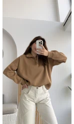 Zoey Polo Yaka Düğmeli Kazak - Camel - Kod: 34100