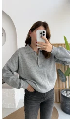 Zoey Polo Yaka Düğmeli Kazak - Gri - Kod: 34100