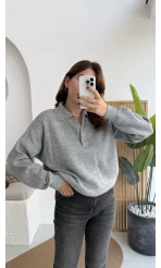 Zoey Polo Yaka Düğmeli Kazak - Gri - Kod: 34100