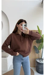 Zoey Polo Yaka Düğmeli Kazak - Kahverengi - Kod: 34100