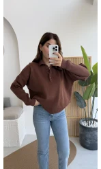 Zoey Polo Yaka Düğmeli Kazak - Kahverengi - Kod: 34100