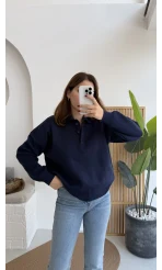 Zoey Polo Yaka Düğmeli Kazak - Lacivert - Kod: 34100