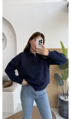 Zoey Polo Yaka Düğmeli Kazak - Lacivert - Kod: 34100