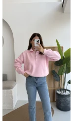 Zoey Polo Yaka Düğmeli Kazak - Pembe - Kod: 34100