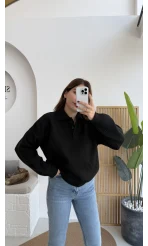 Zoey Polo Yaka Düğmeli Kazak - Siyah - Kod: 34100