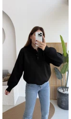 Zoey Polo Yaka Düğmeli Kazak - Siyah - Kod: 34100