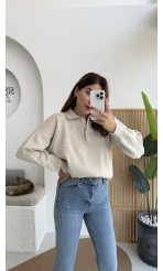 Zoey Polo Yaka Düğmeli Kazak - Taş - Kod: 34100