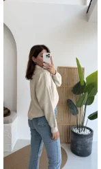 Zoey Polo Yaka Düğmeli Kazak - Taş - Kod: 34100