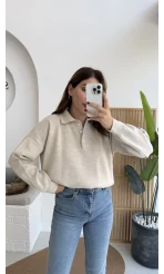 Zoey Polo Yaka Düğmeli Kazak - Taş - Kod: 34100