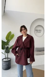Zoya Deri İpli Kısa Trençkot - Bordo - Kod: 7488