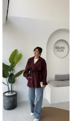 Zoya Deri İpli Kısa Trençkot - Bordo - Kod: 7488