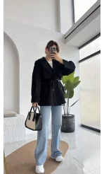 Zoya Deri İpli Kısa Trençkot - Siyah - Kod: 7488