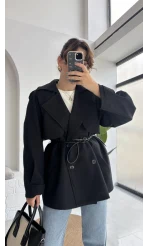 Zoya Deri İpli Kısa Trençkot - Siyah - Kod: 7488