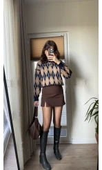 Lara Mini Yırtmaçlı Şort Etek Acı Kahve