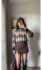 Lara Mini Yırtmaçlı Şort Etek Acı Kahve