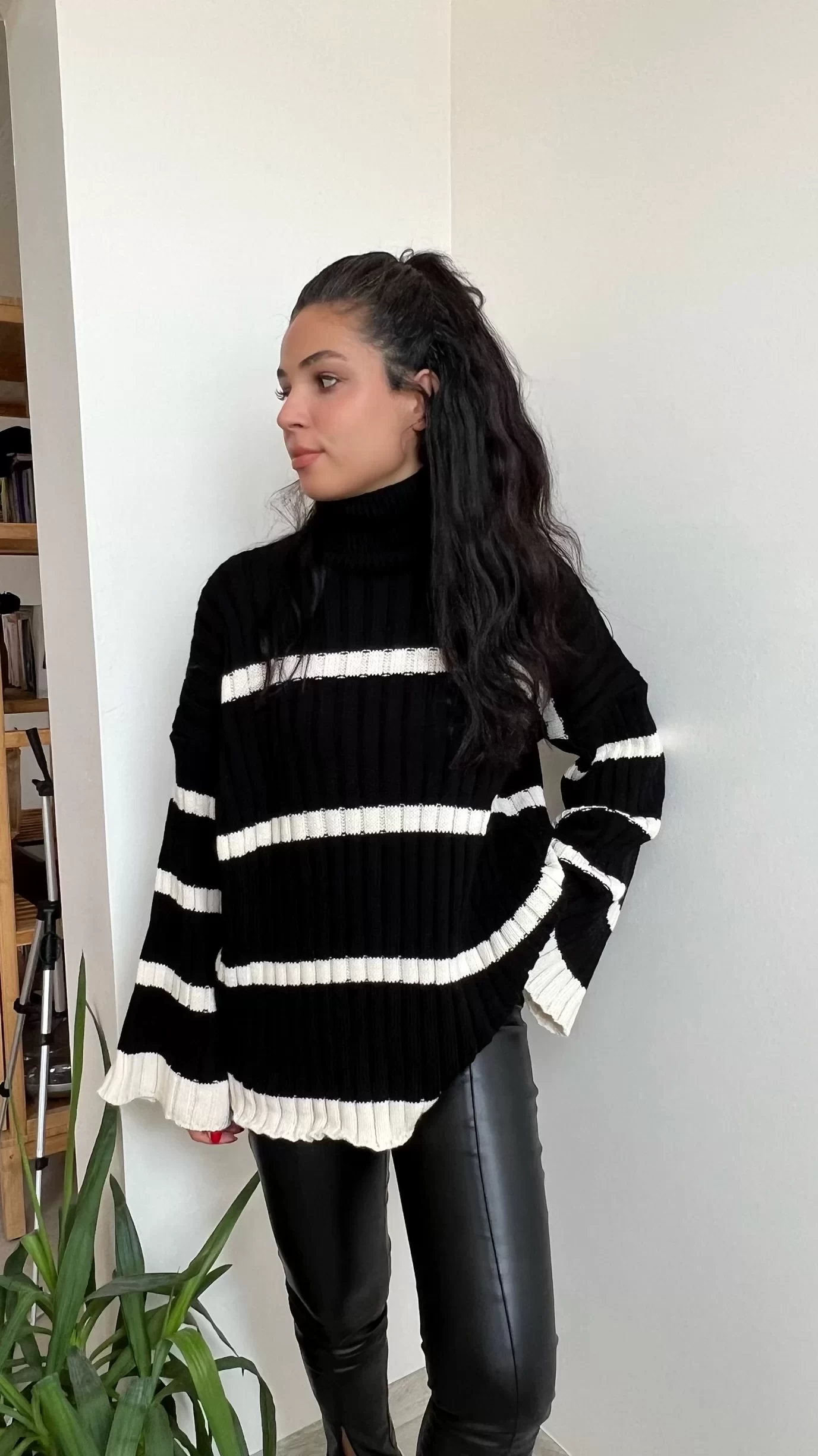 Çizgili Oversize Kazak Siyah