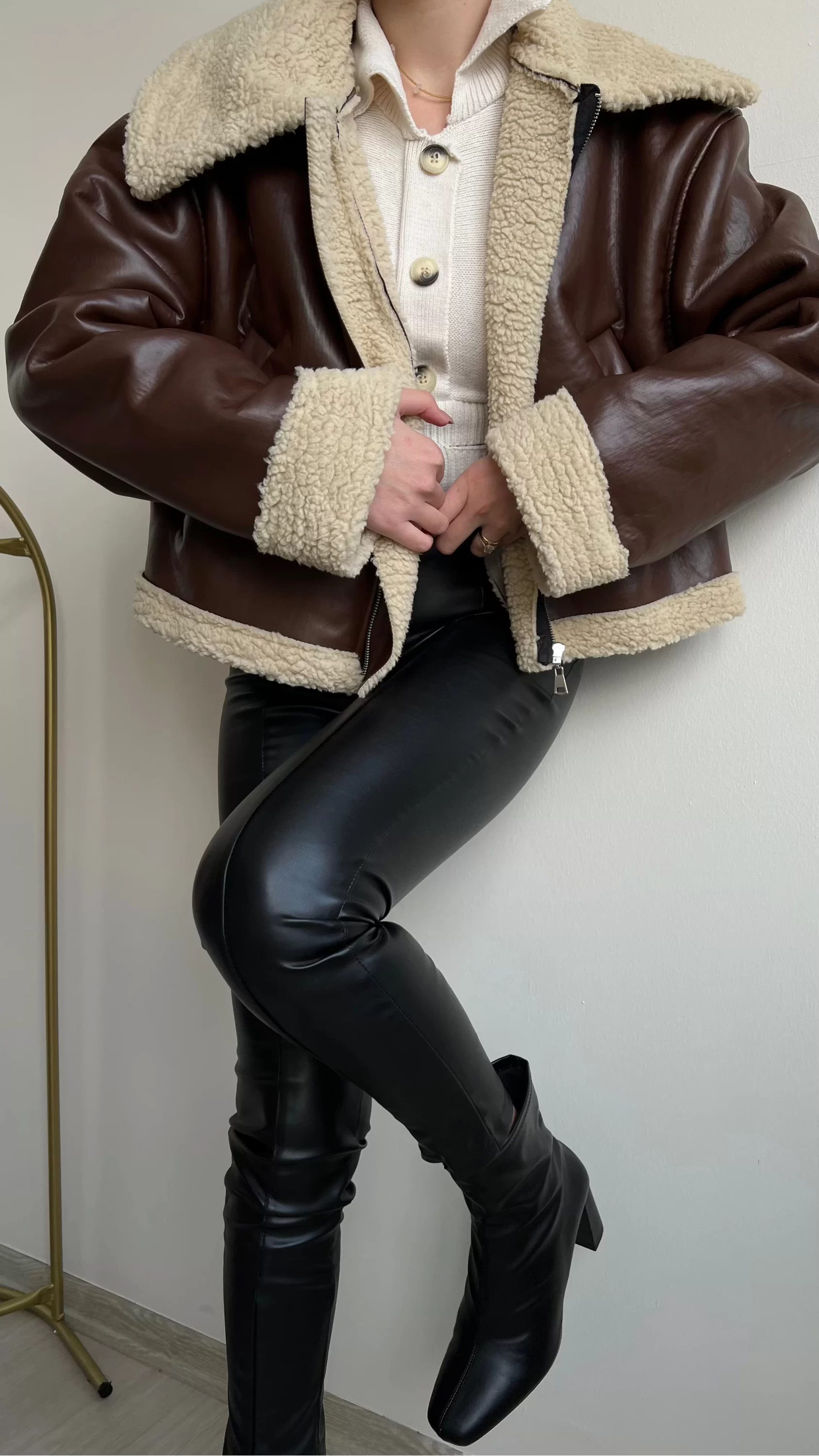Oversize Deri Peluş Ceket Acı Kahve