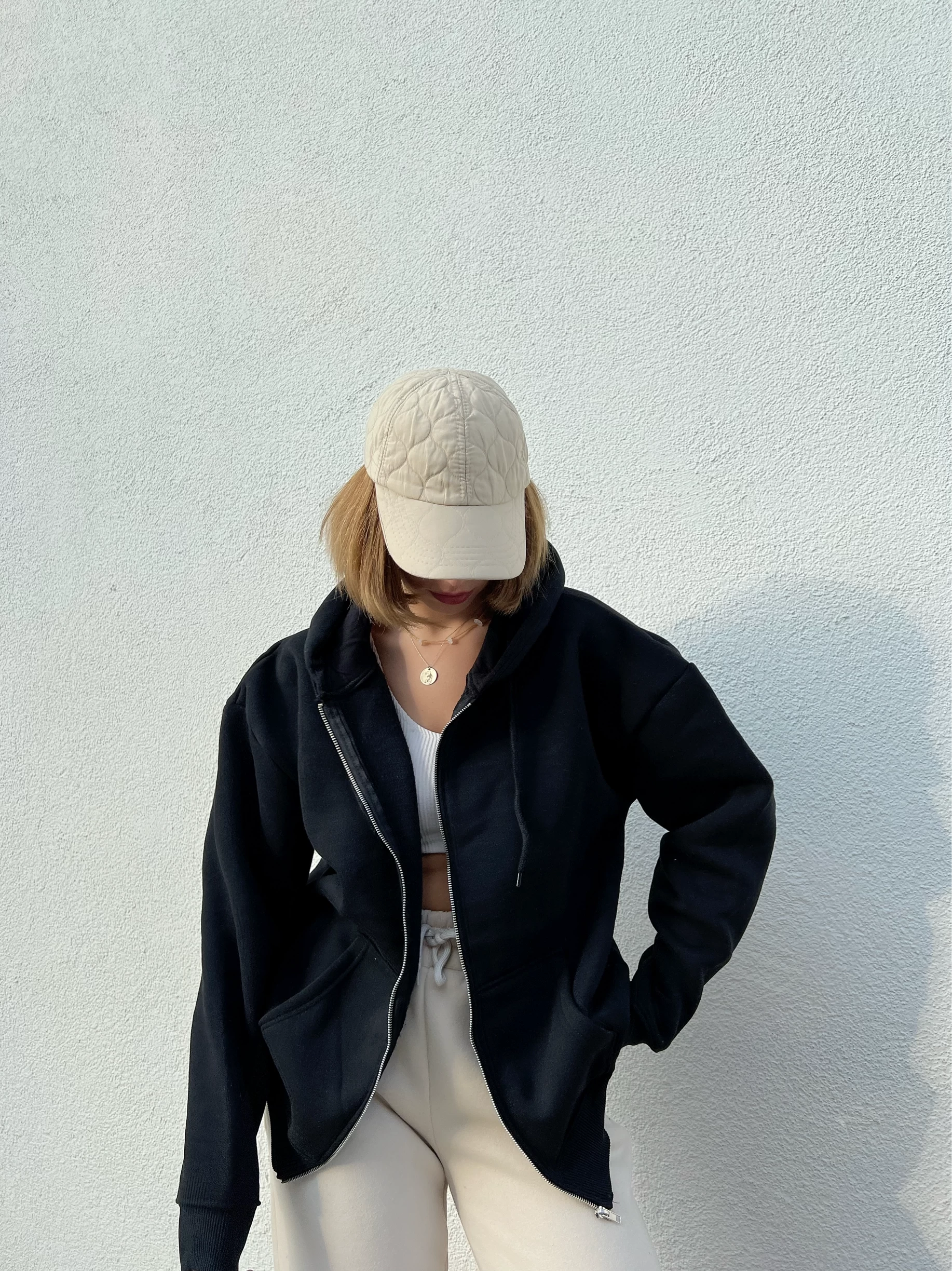 Oversize Siyah Şardonlu Kapüşonlu Hırka