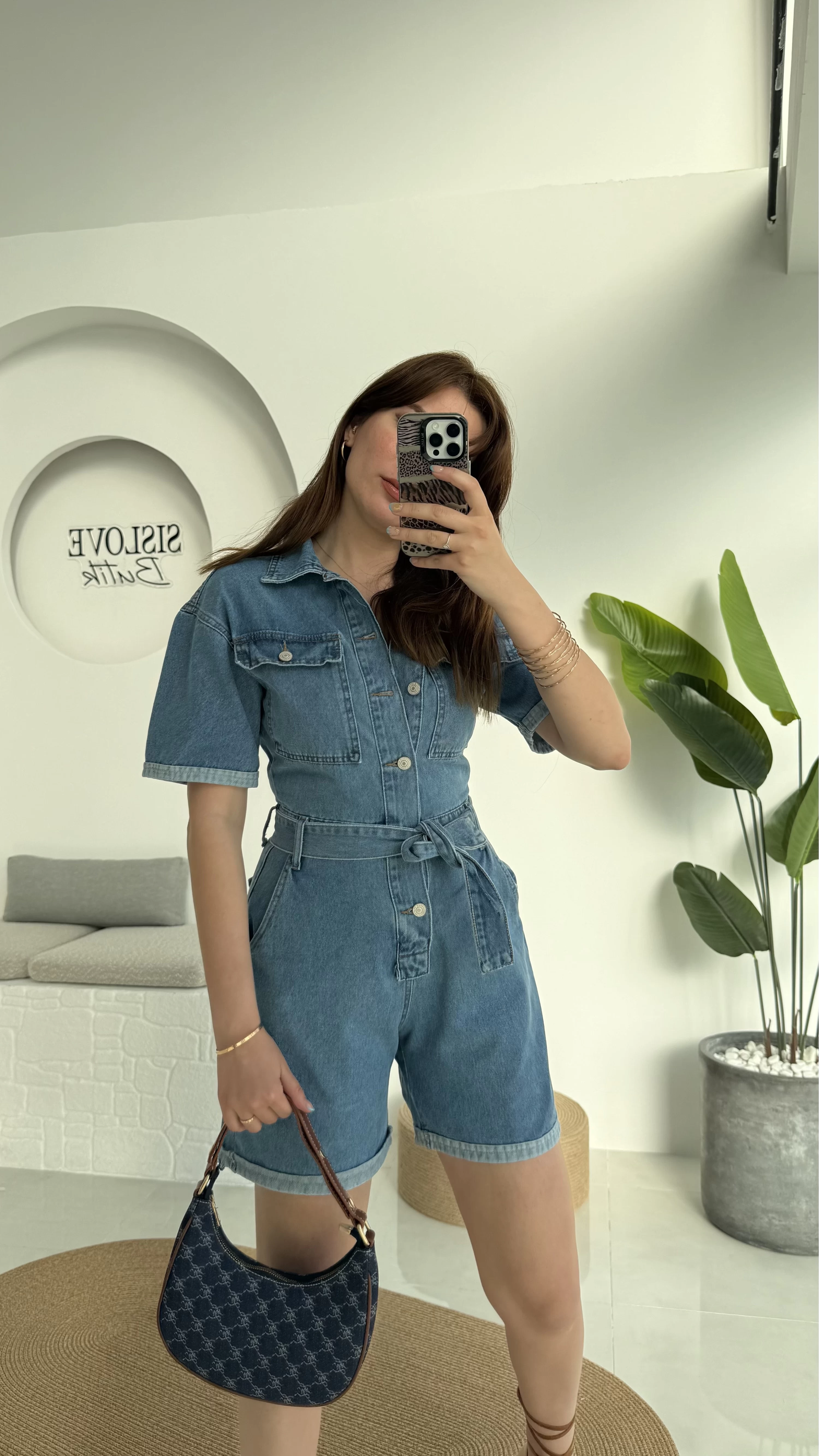 Açık Mavi Kısa Şort Denim Tulum