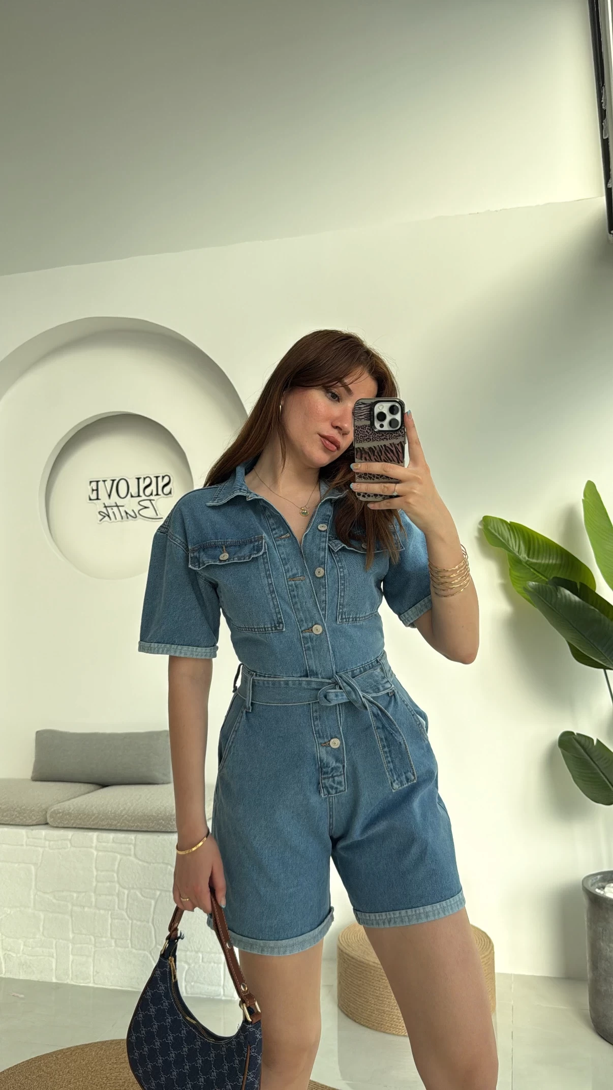 Açık Mavi Kısa Şort Denim Tulum