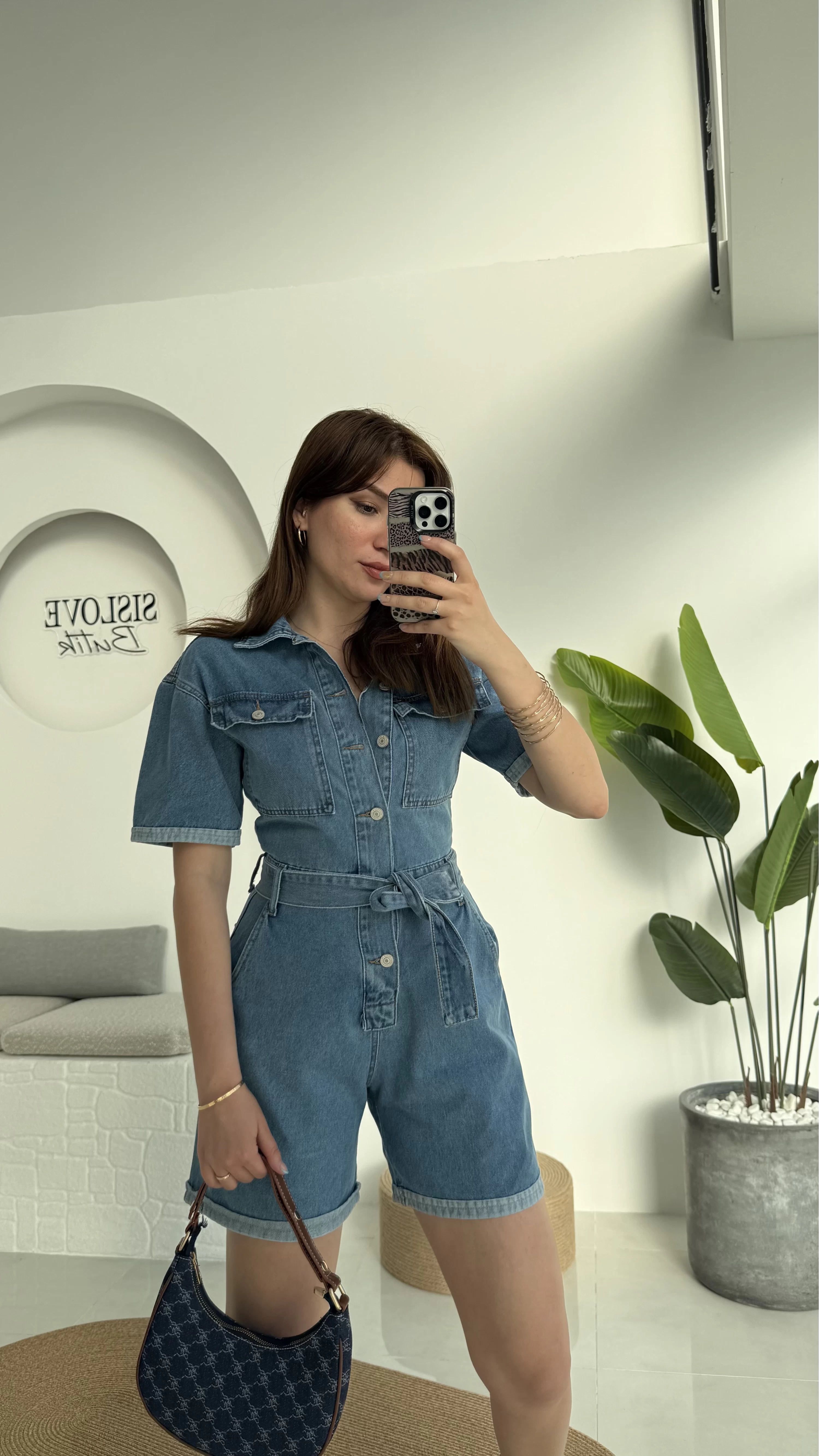 Açık Mavi Kısa Şort Denim Tulum