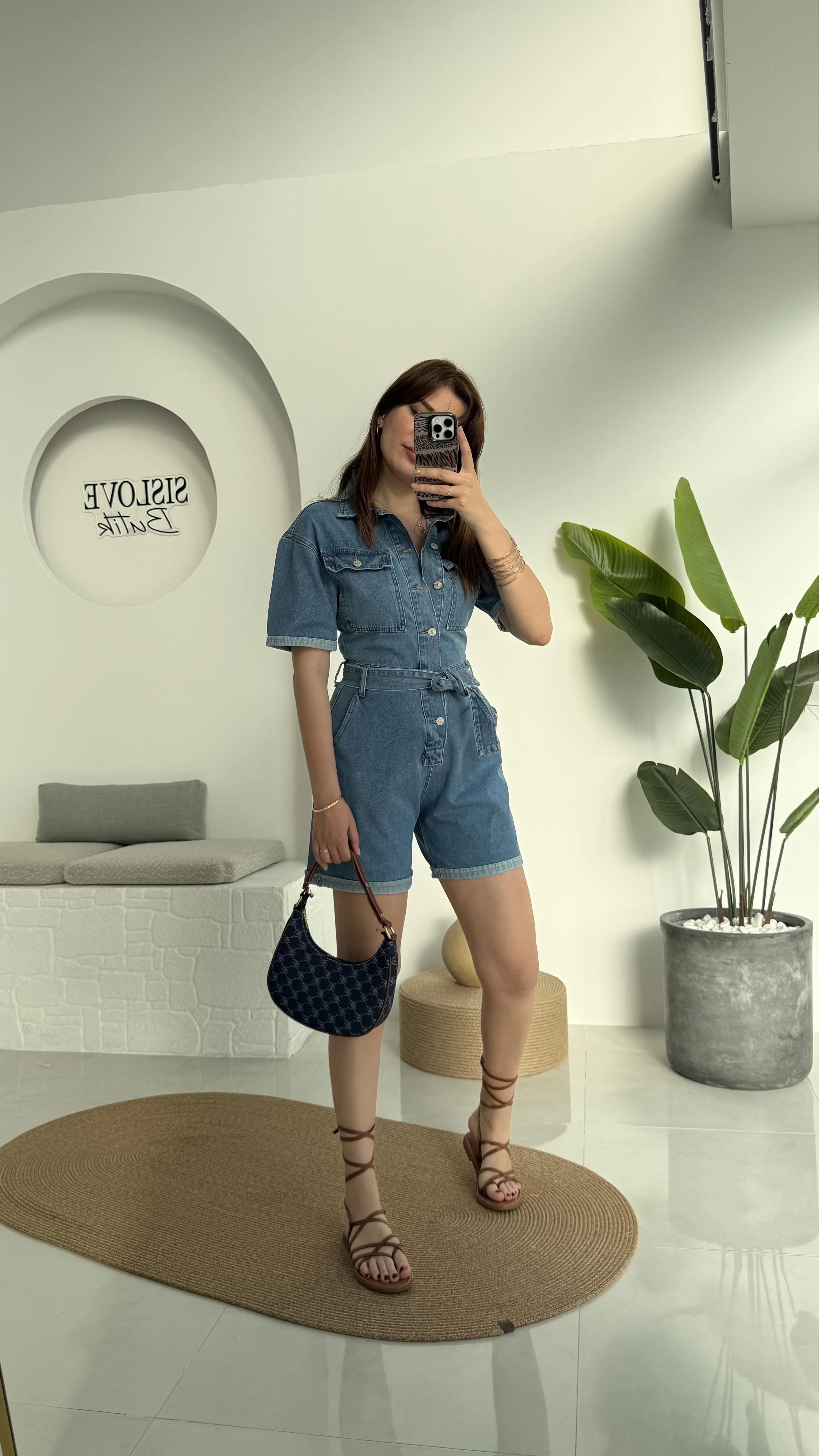 Açık Mavi Kısa Şort Denim Tulum