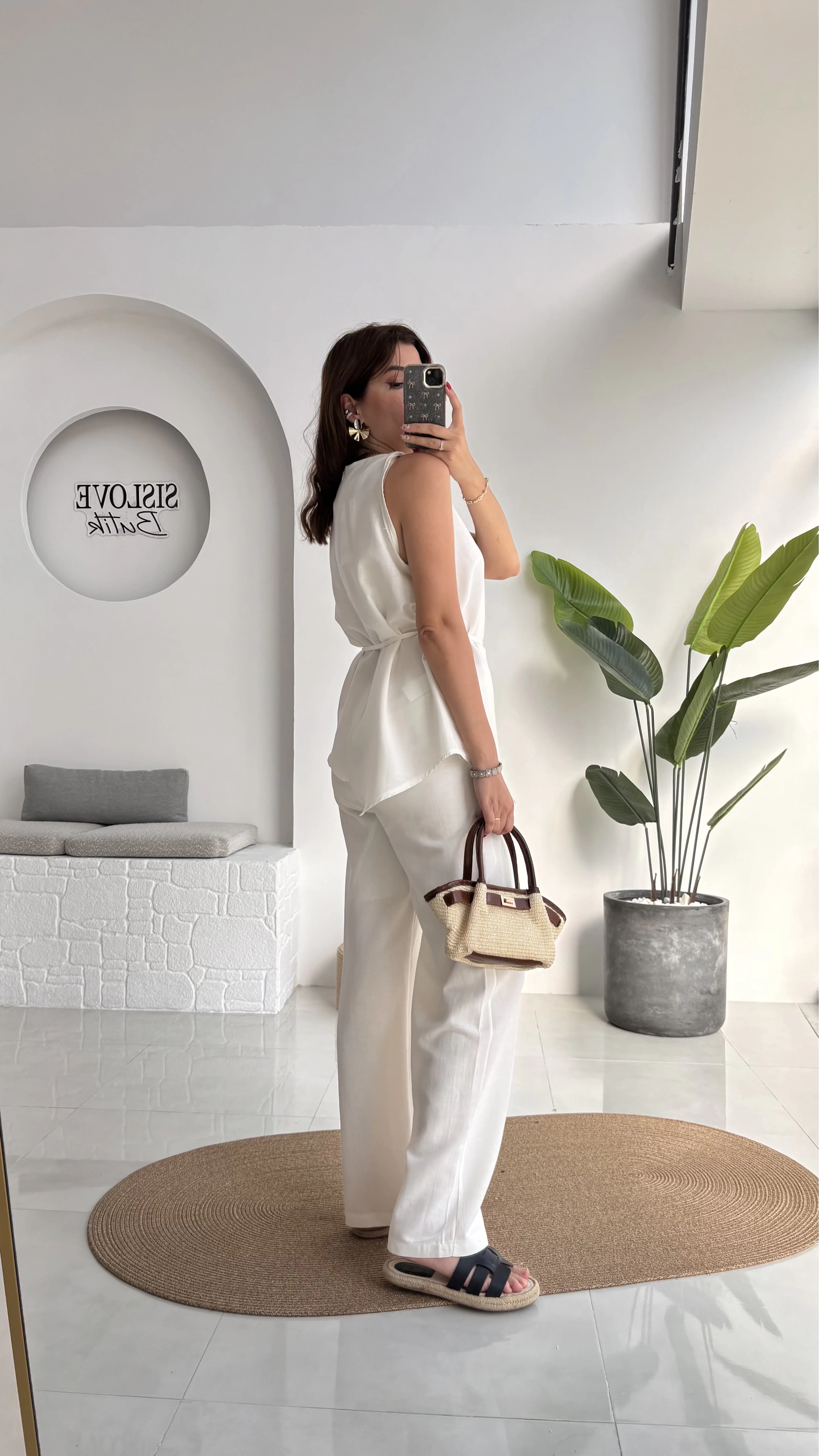 Adel Kuşaklı Asimetrik Bluz Pantolon Takım - Beyaz - 8784