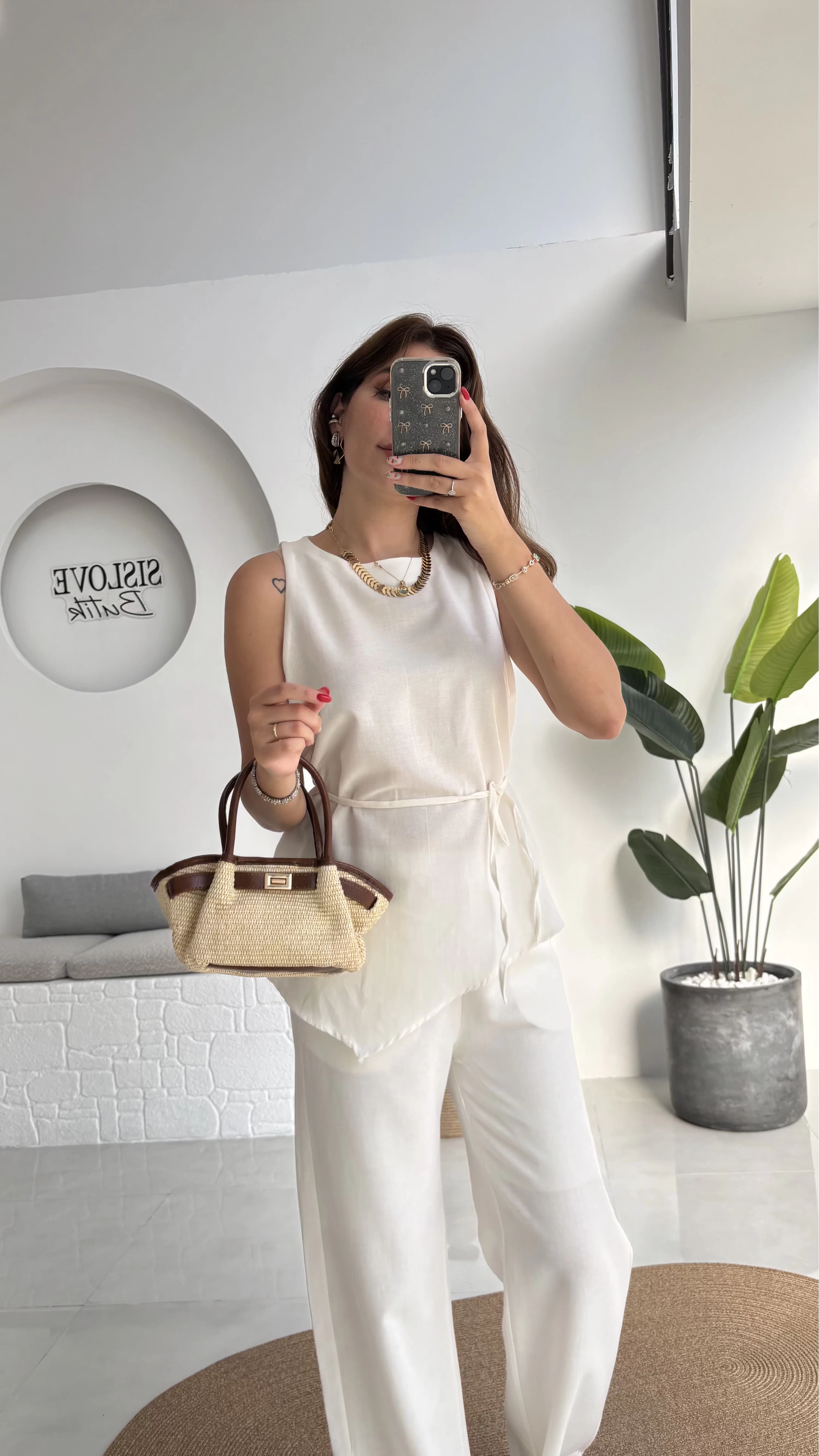 Adel Kuşaklı Asimetrik Bluz Pantolon Takım - Beyaz - 8784