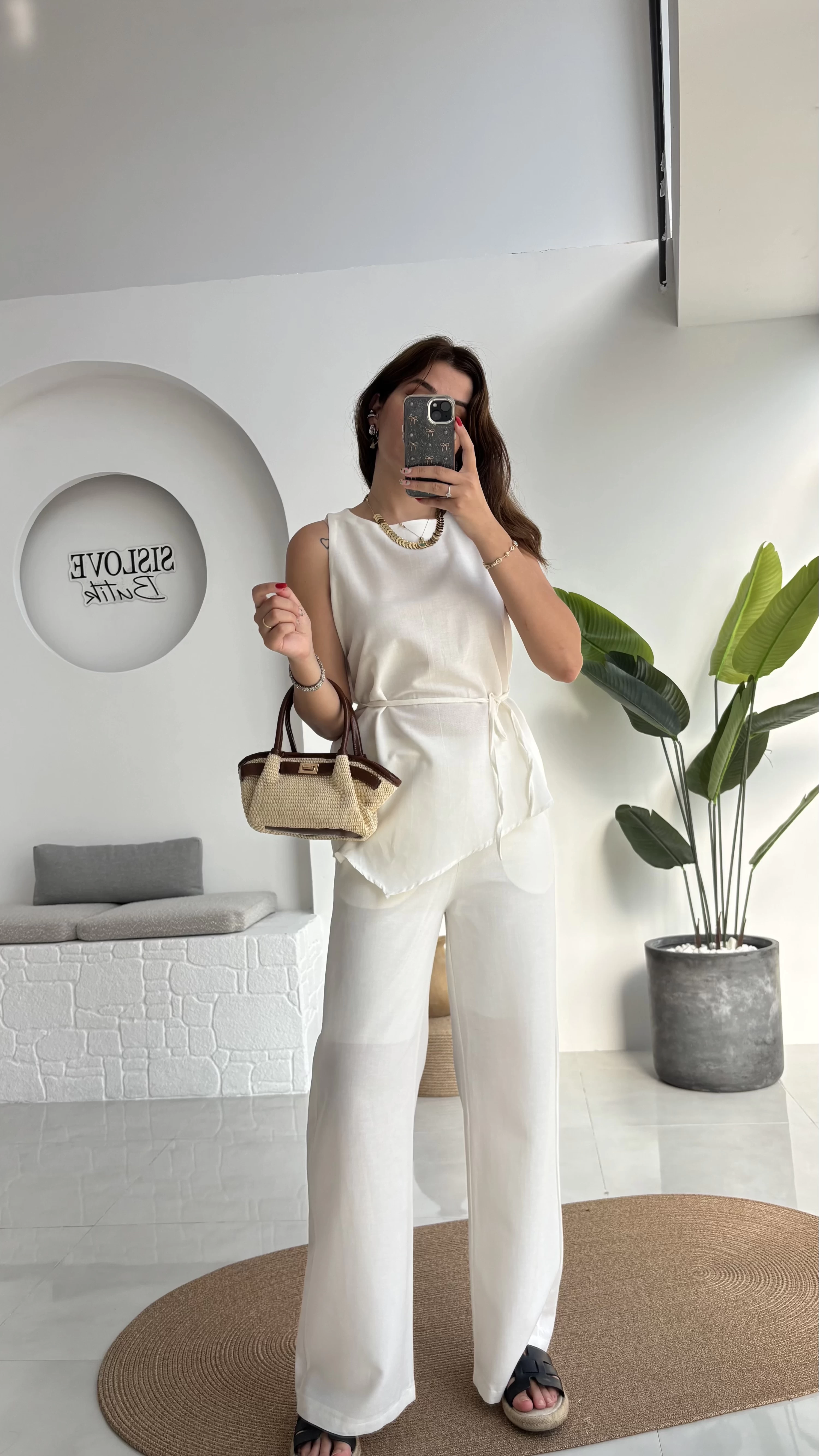 Adel Kuşaklı Asimetrik Bluz Pantolon Takım - Beyaz - 8784