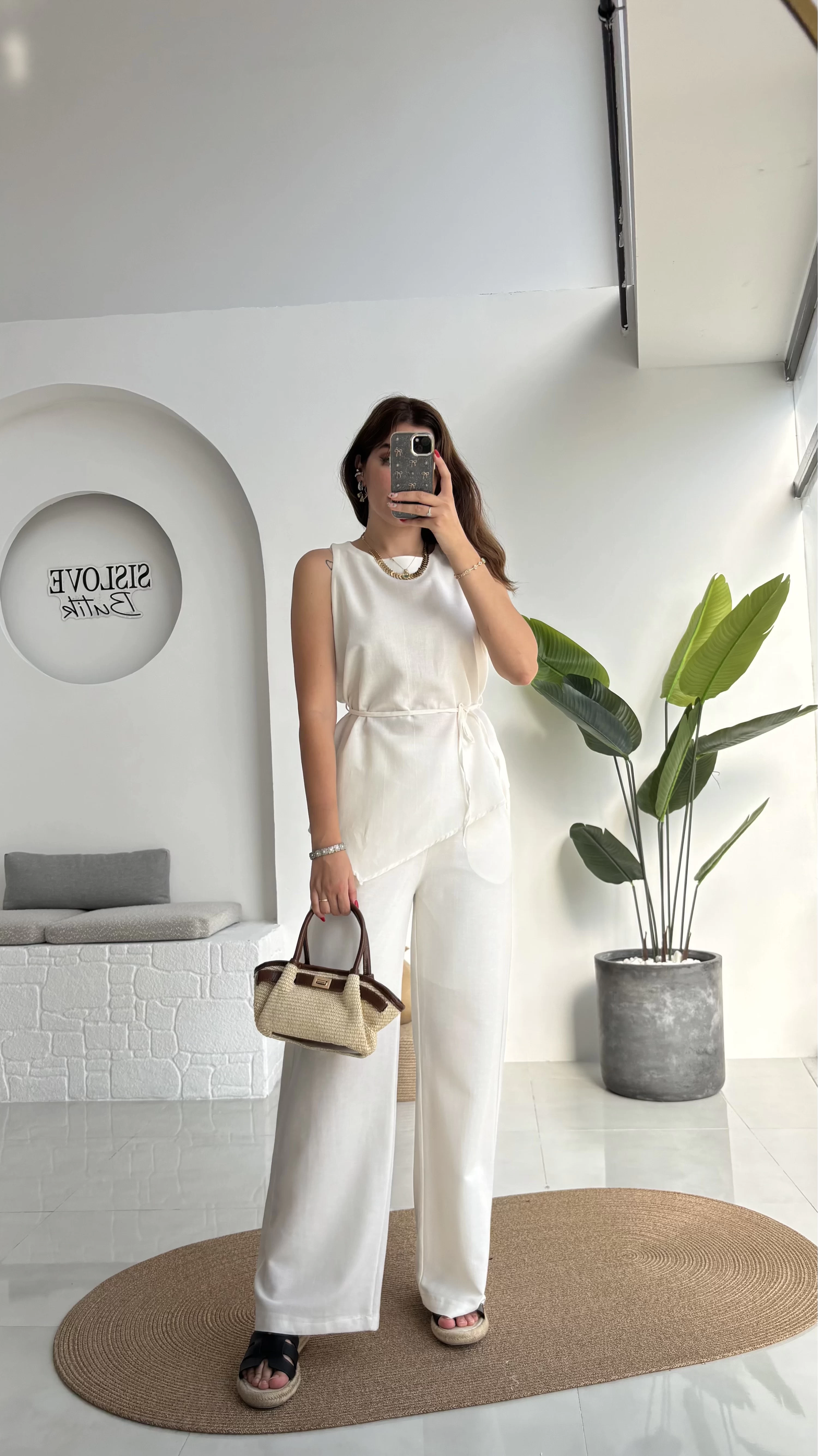 Adel Kuşaklı Asimetrik Bluz Pantolon Takım - Beyaz - 8784