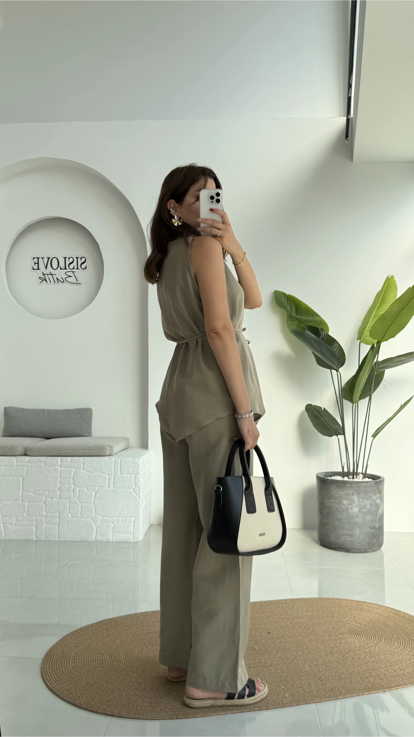 Adel Kuşaklı Asimetrik Bluz Pantolon Takım - Haki - 8784