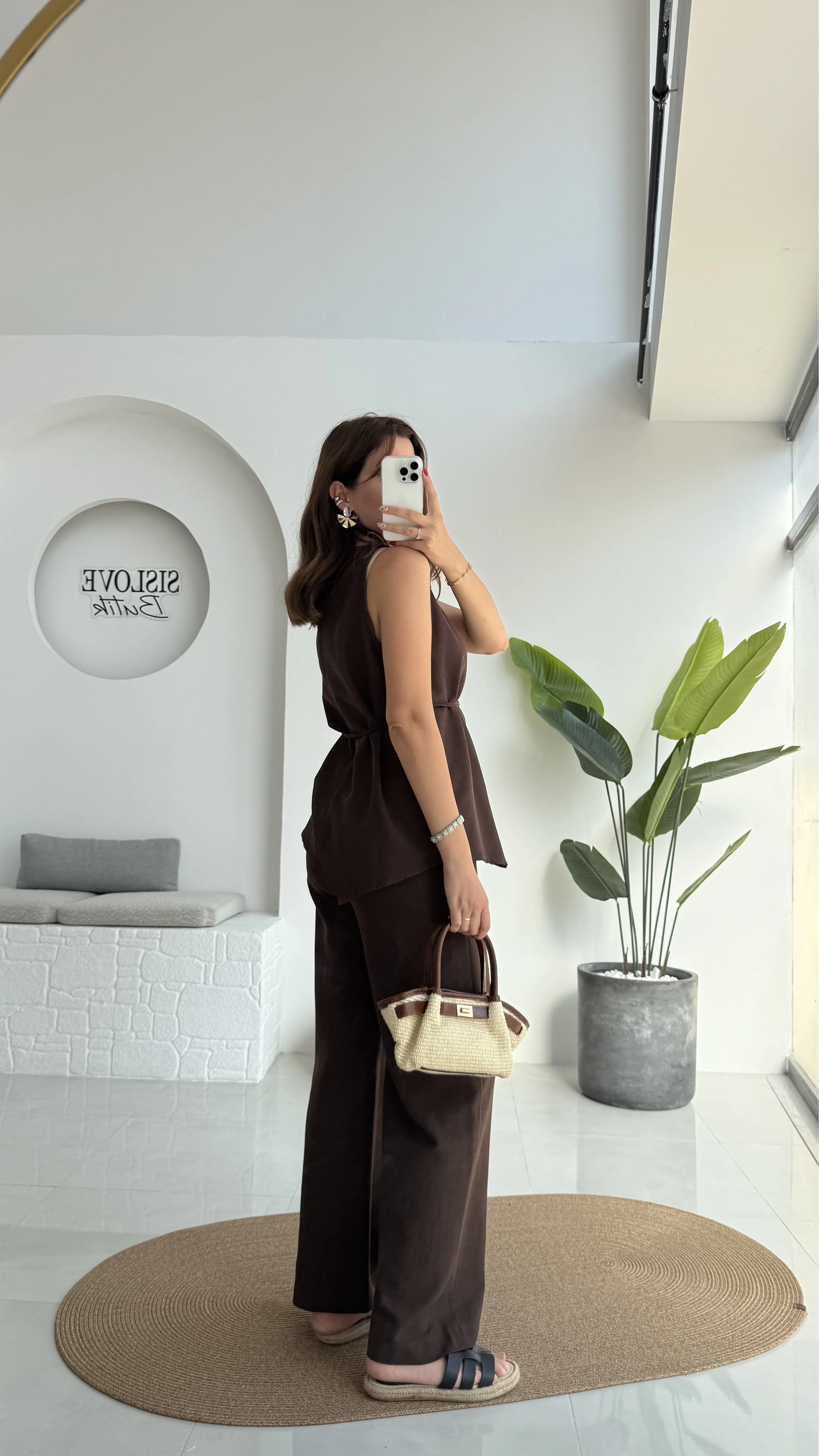 Adel Kuşaklı Asimetrik Bluz Pantolon Takım - Kahve - 8784