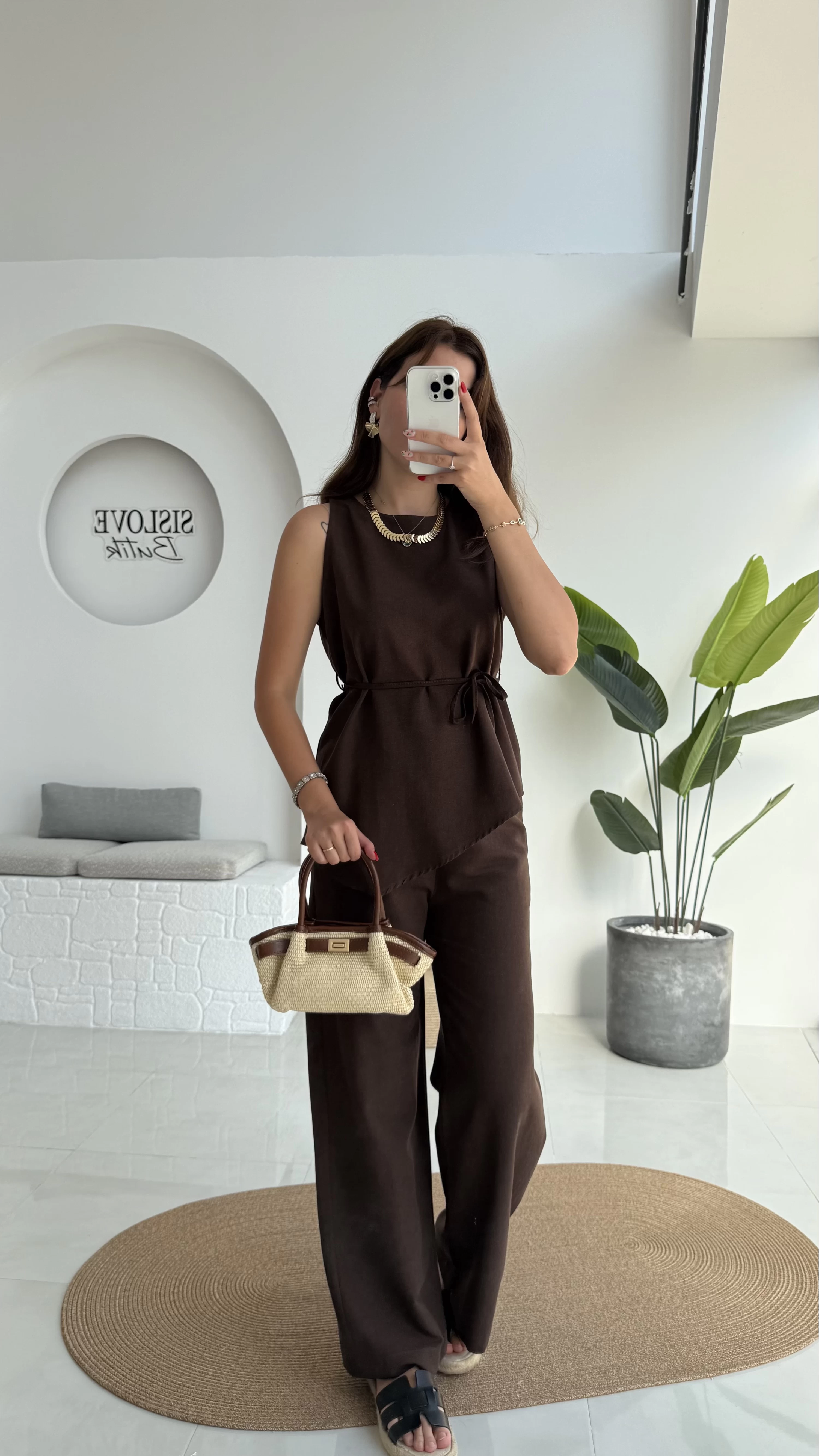 Adel Kuşaklı Asimetrik Bluz Pantolon Takım - Kahve - 8784