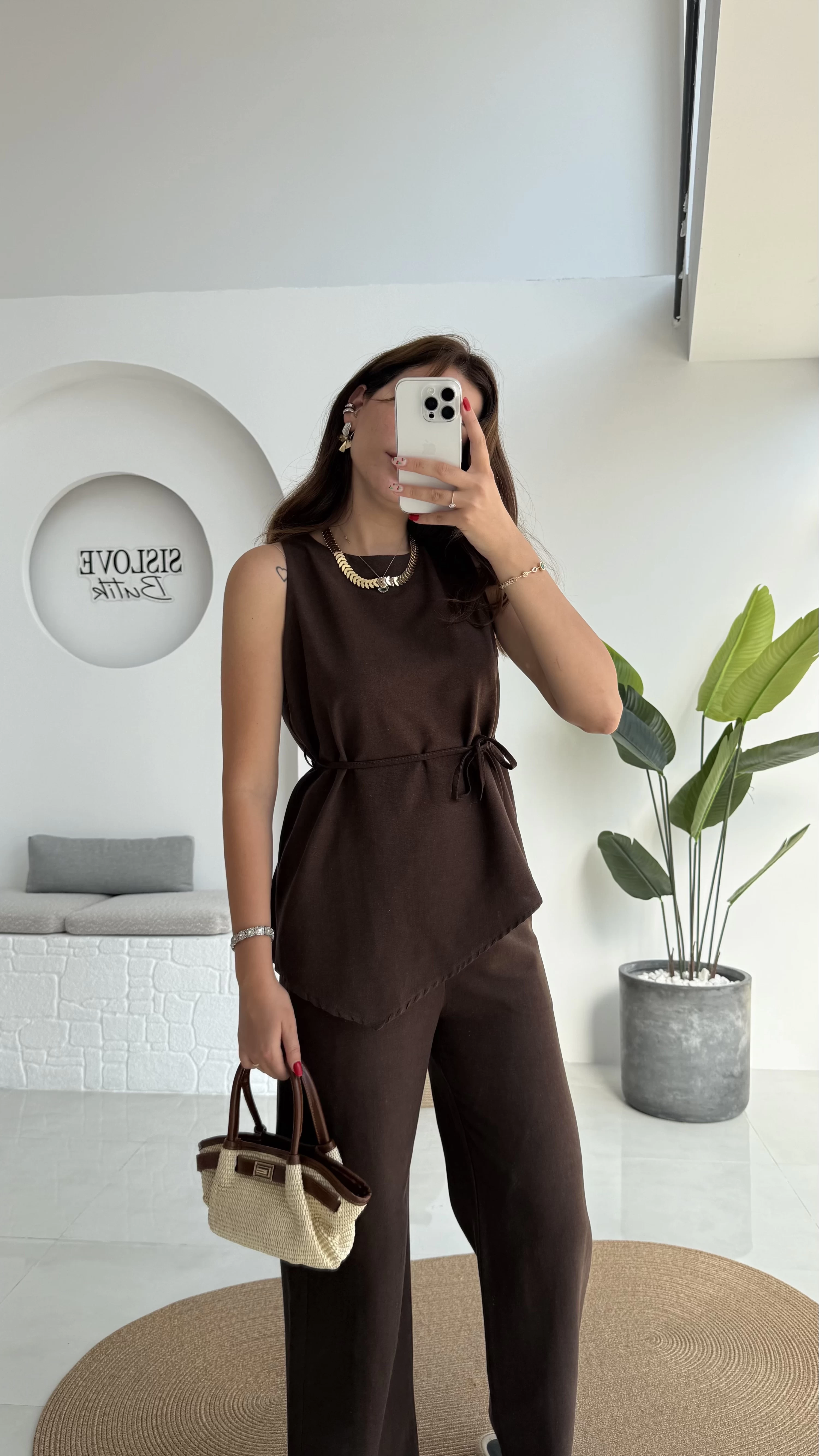 Adel Kuşaklı Asimetrik Bluz Pantolon Takım - Kahve - 8784