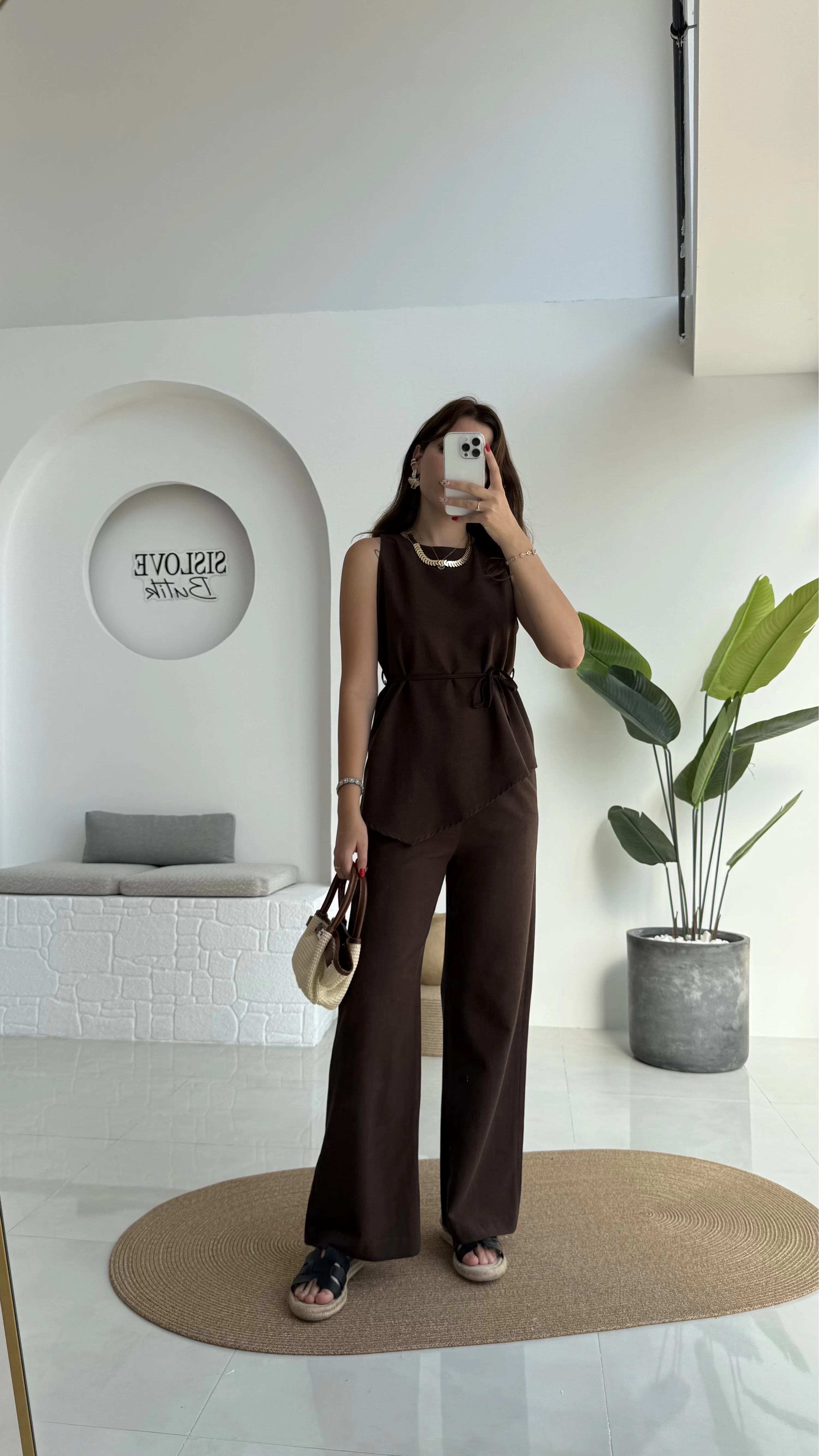 Adel Kuşaklı Asimetrik Bluz Pantolon Takım - Kahve - 8784